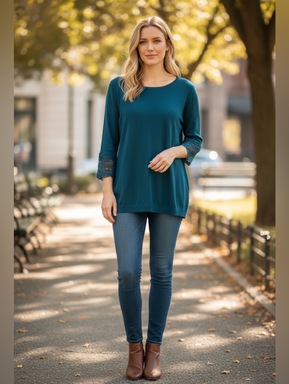 Talbots Cotton Blend Crochet 3/4 Sleeves Lightweight Teal Sweater Petite Large